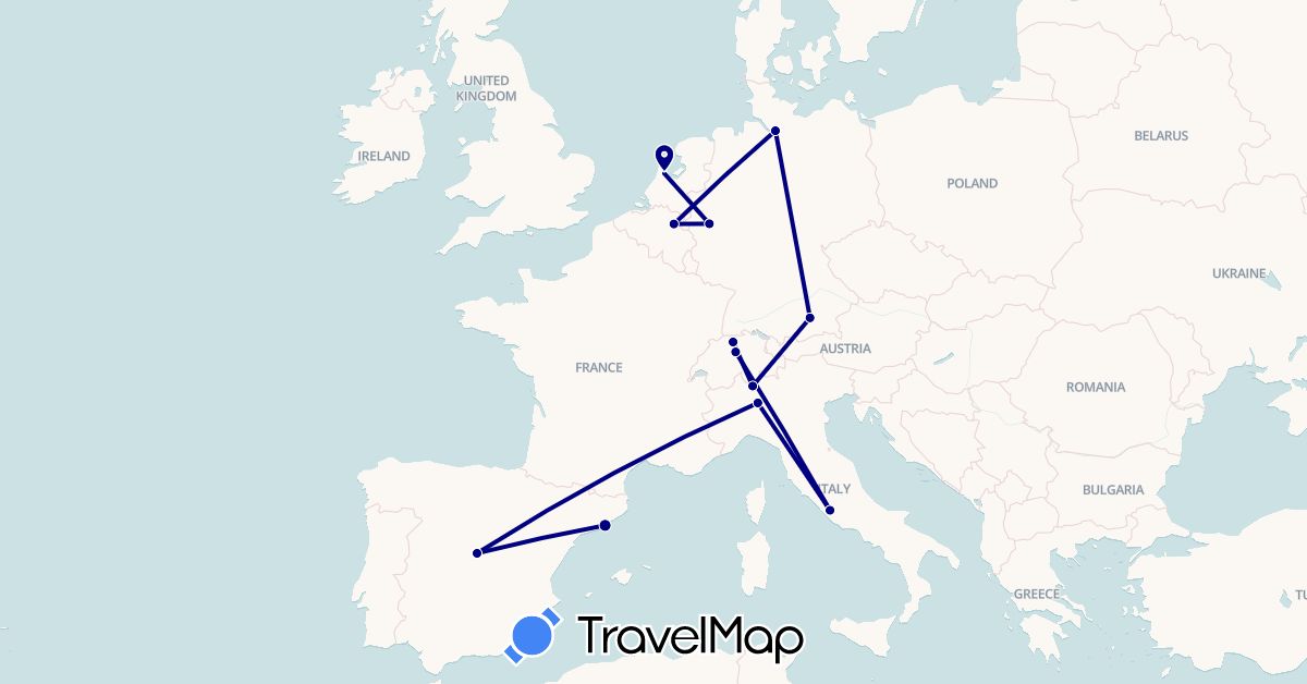 TravelMap itinerary: driving in Belgium, Switzerland, Germany, Spain, Italy, Netherlands (Europe)